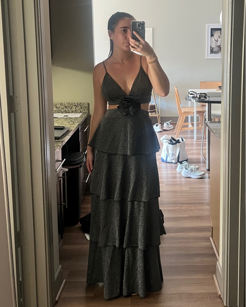 metallic dress revolve Metallic Pleated Maxi Dress