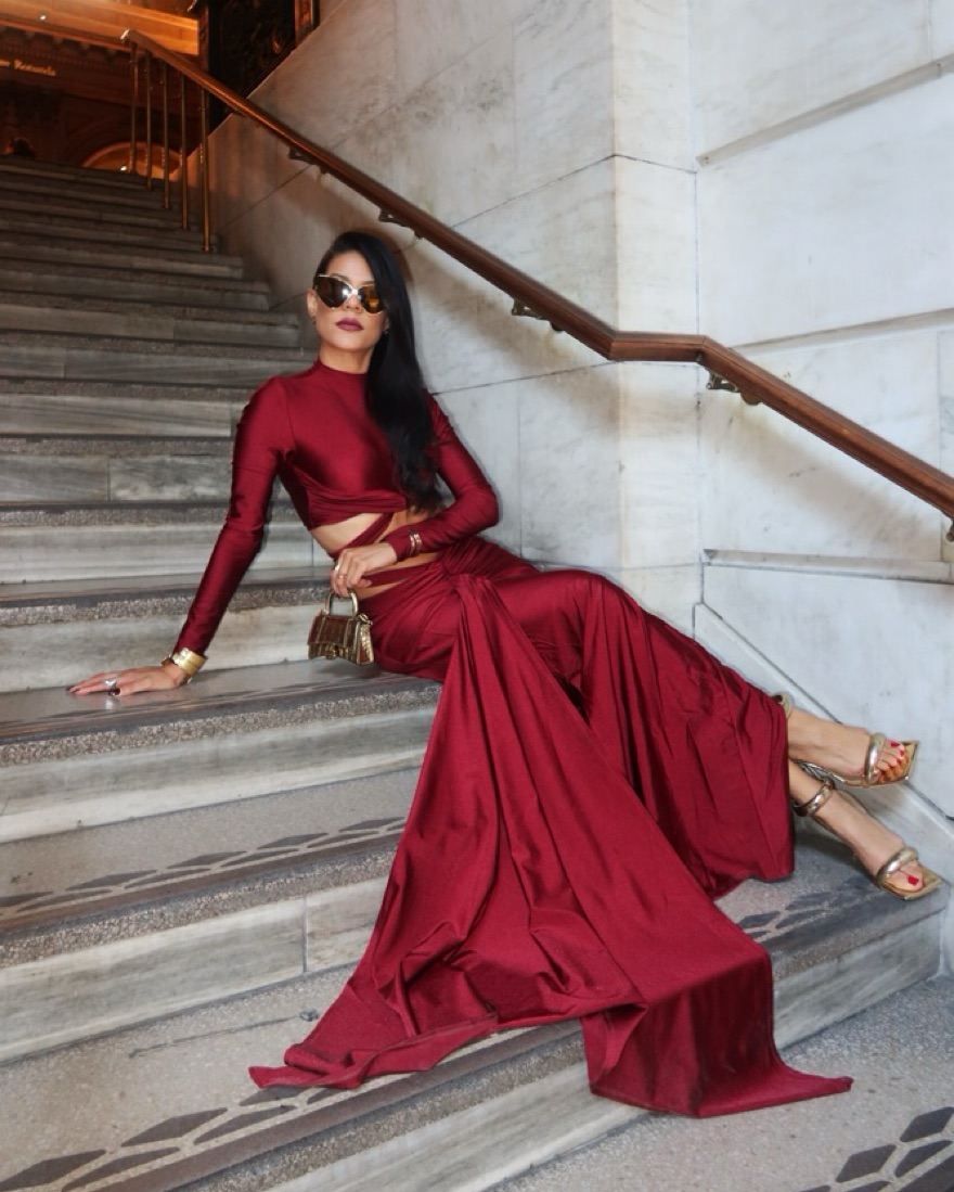burgundy two piece dress Nina Canacci 1340 two piece long dress with lace bell sleeve top – Glass  Slipper Formals main image 0