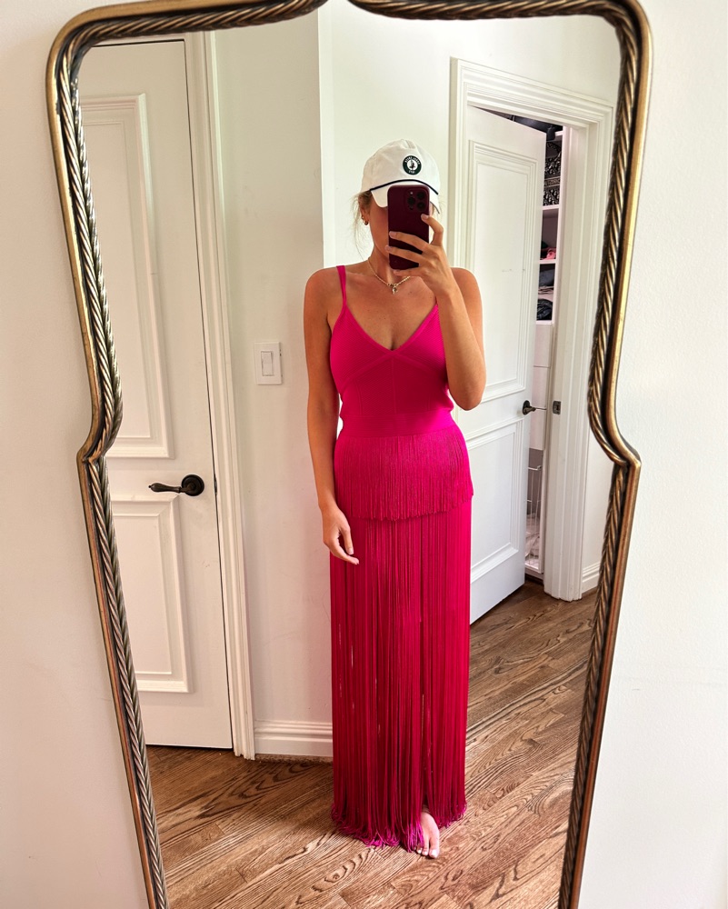 herve leger pink fringe dress THE MARGARET GOWN