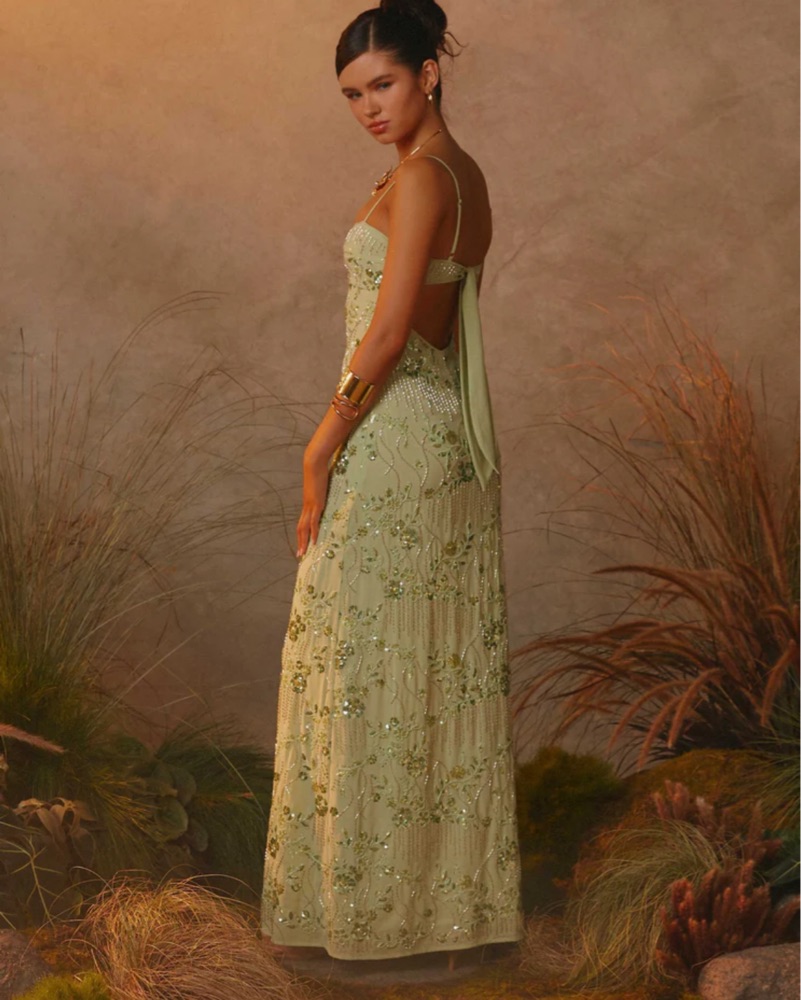 cutwork beaded embroidered woven maxi dress VICKA - Satin maxi dress with multicolored bead embroidery