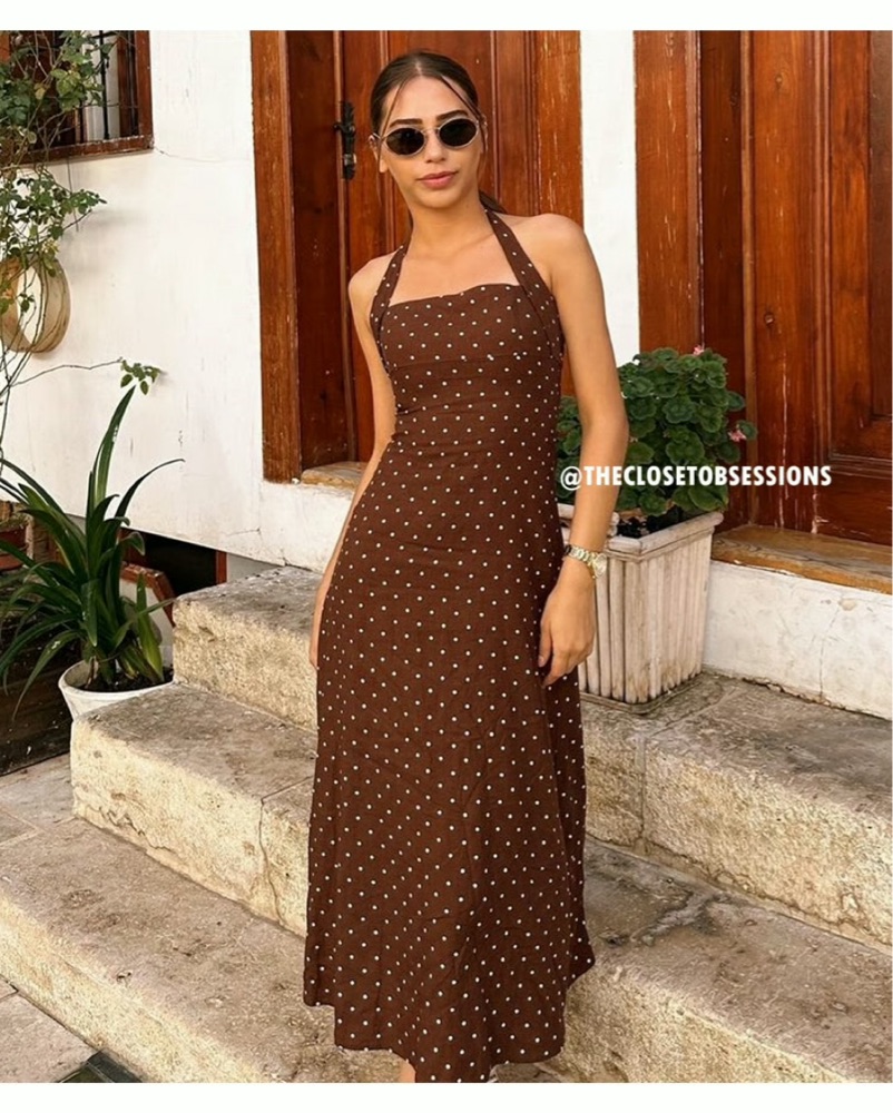 Linen Polka Dot Halter Midi Dress by Zara - Pickle