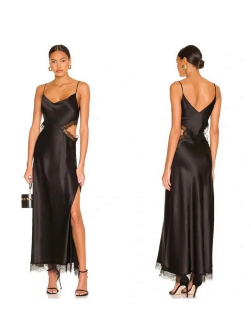 knee length dresses for ladies Black Lace Cut-out Long Silk Slip Dress main image 1