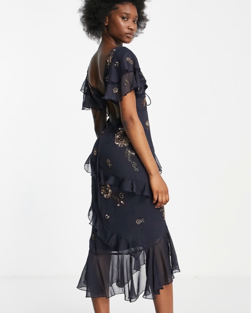 blue lace midi dress Puff Sleeve Premium Lace Midi Dress in Blue