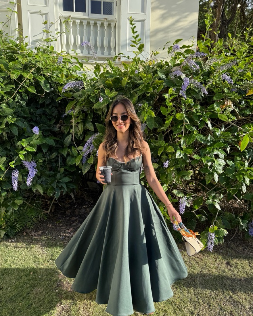 house of cb green dress Belle Sequinned Pine Open Back Maxi  House Of Huntington The long skirt drapes gracefully over the hips with pretty gathers over the side and the hem dramatically grazes the floor House of CB Milena Corset