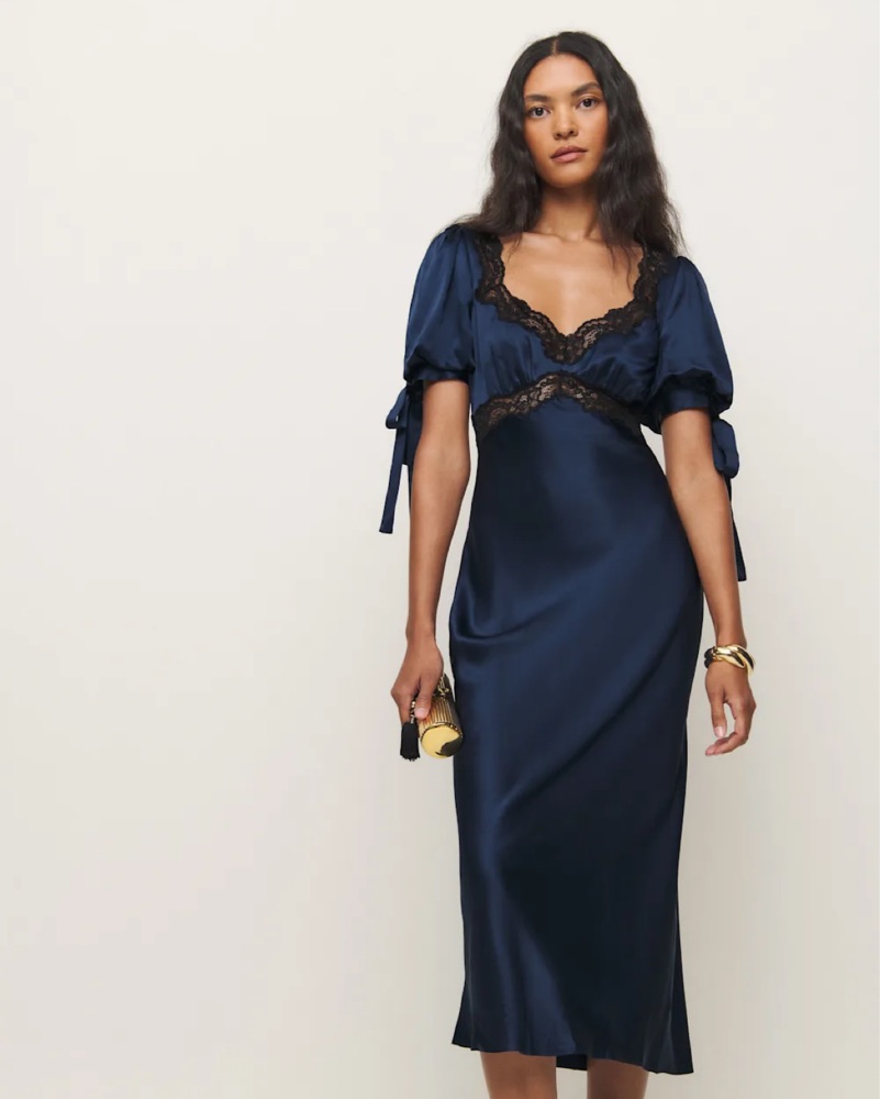estella dress reformation Flounce at hem3/4 length sleeves Estela Dress