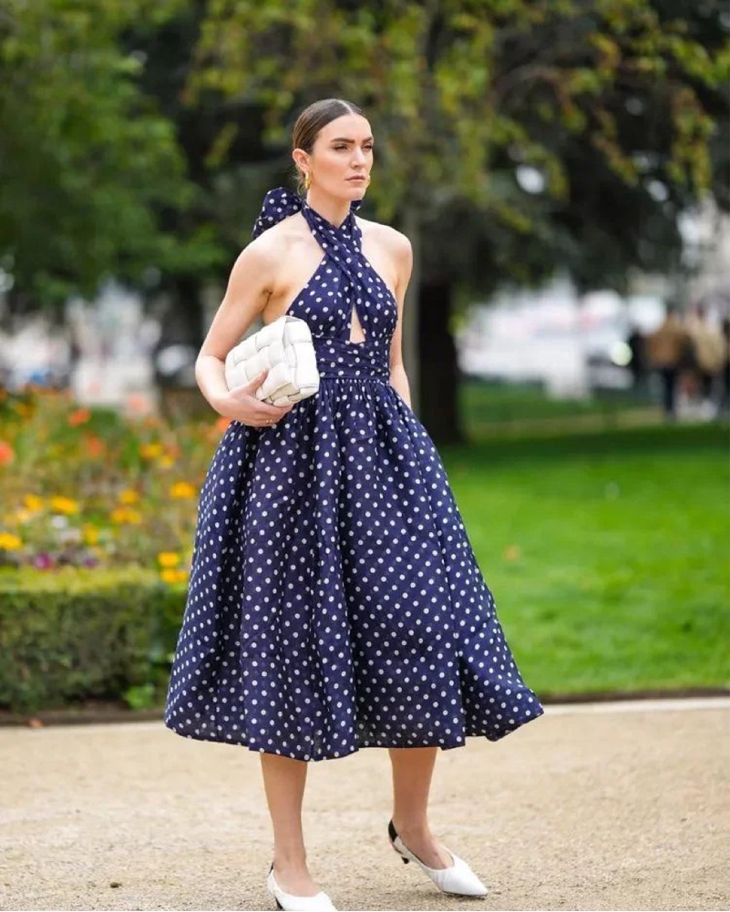 zimmermann polka dot dress halter Zimmermann Polkadot Linen And Silk-Blend Halterneck Midi Dress In Navy -  70% Off