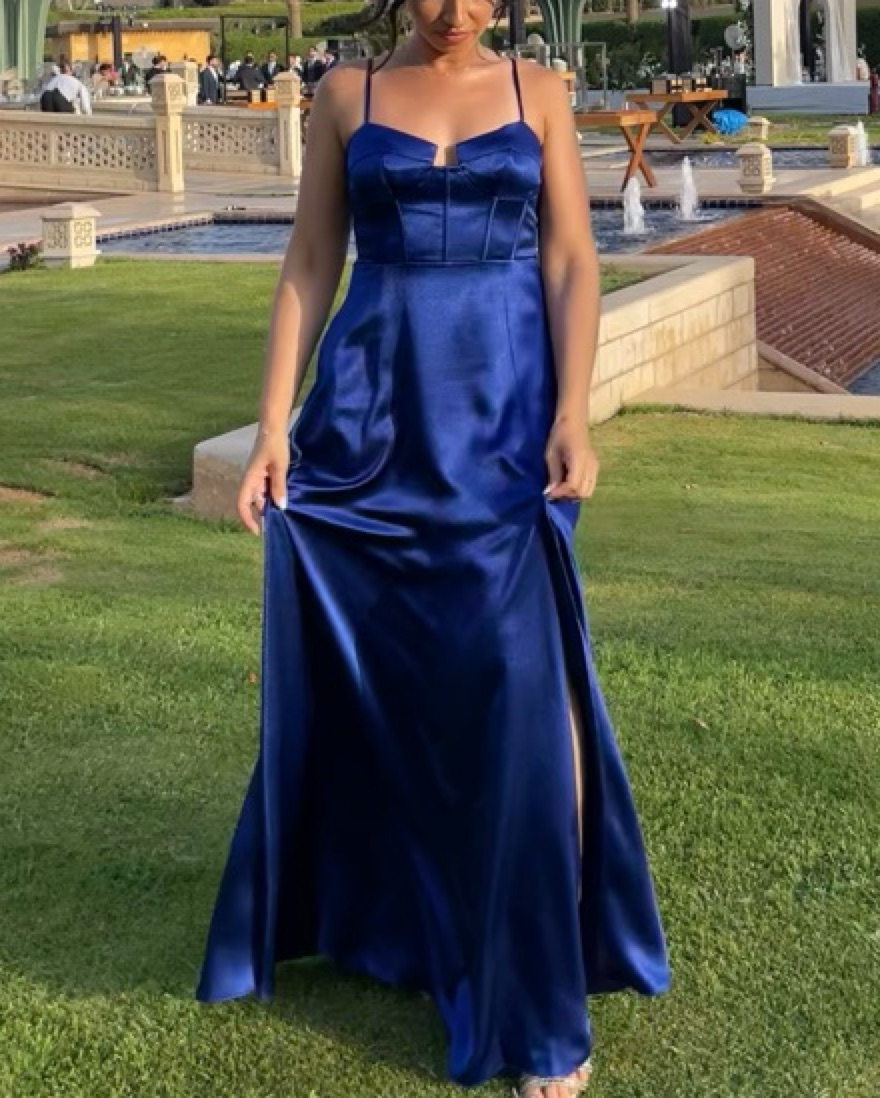 sapphire blue satin dress S Sapphire Blue Long Sleeve Floor Length Bridesmaid Dress main image 1