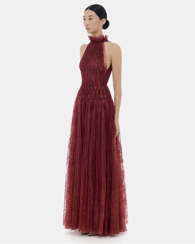 【わくさん】Rondine Burgundy Montsand Burgundy Smocked Lace Maxi Dres by Montsand - Pickle