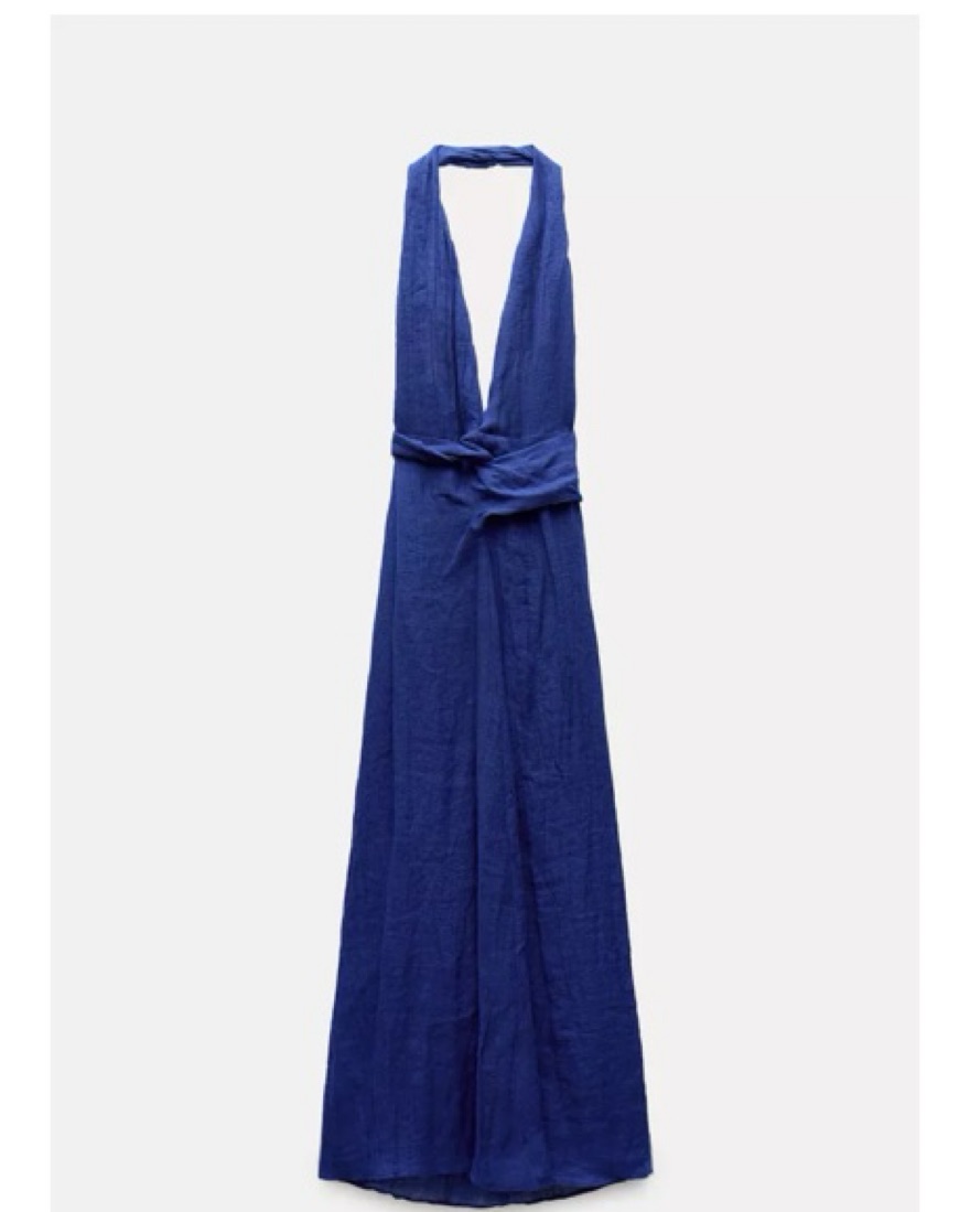 Zara Blue Linen Plunge Halter Dress by Zara - Pickle