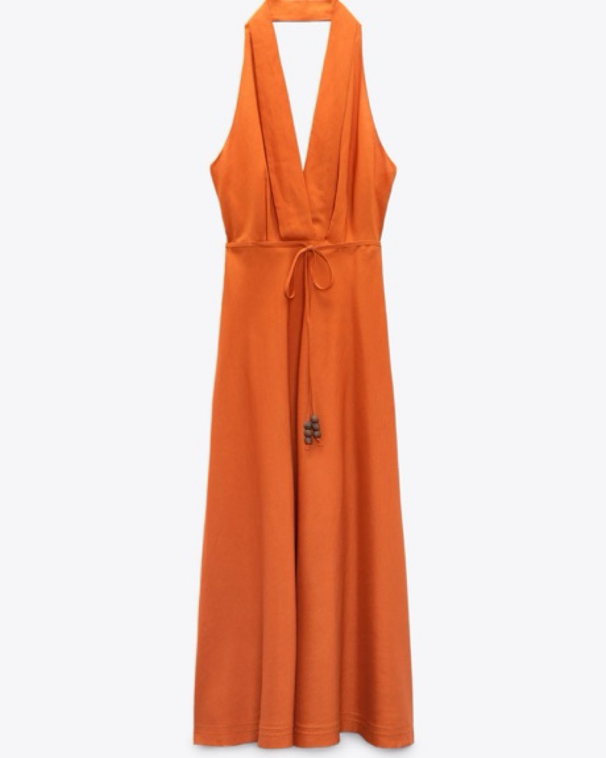 Orange Linen Halter Maxi Dress by Zara - Pickle