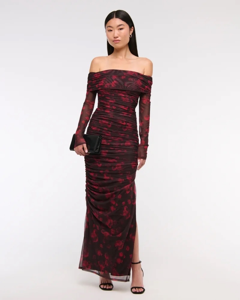 ruched floral maxi dress Stacees 2026 Blue White Floral Print A-Line Prom Dress with Ruffles & Slit