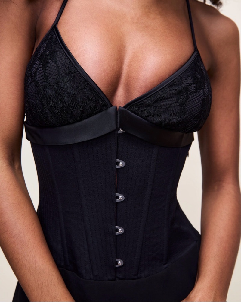danielle guizio corset dress kiss me goodnight  satin corset dress back in stock now + guizio trench  coming soon