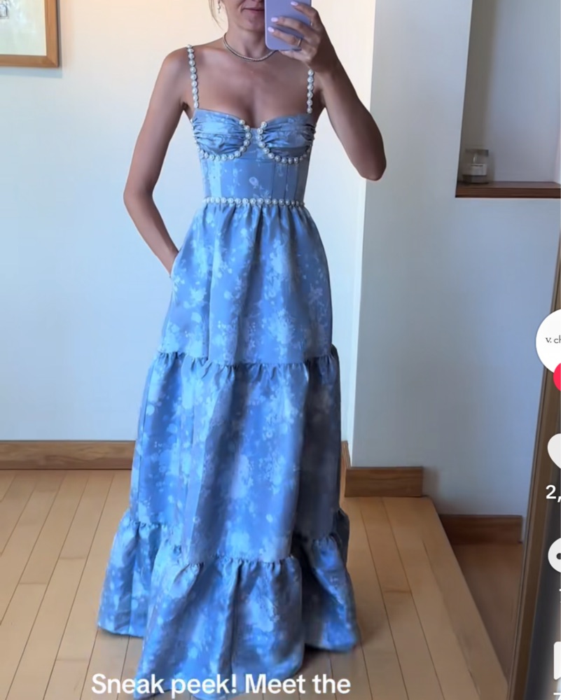 the lucetta dress in denim blue windsor The Lucetta Dress in Light Blue Lilibet Brocade 14 / Light Blue Lilibet Brocade