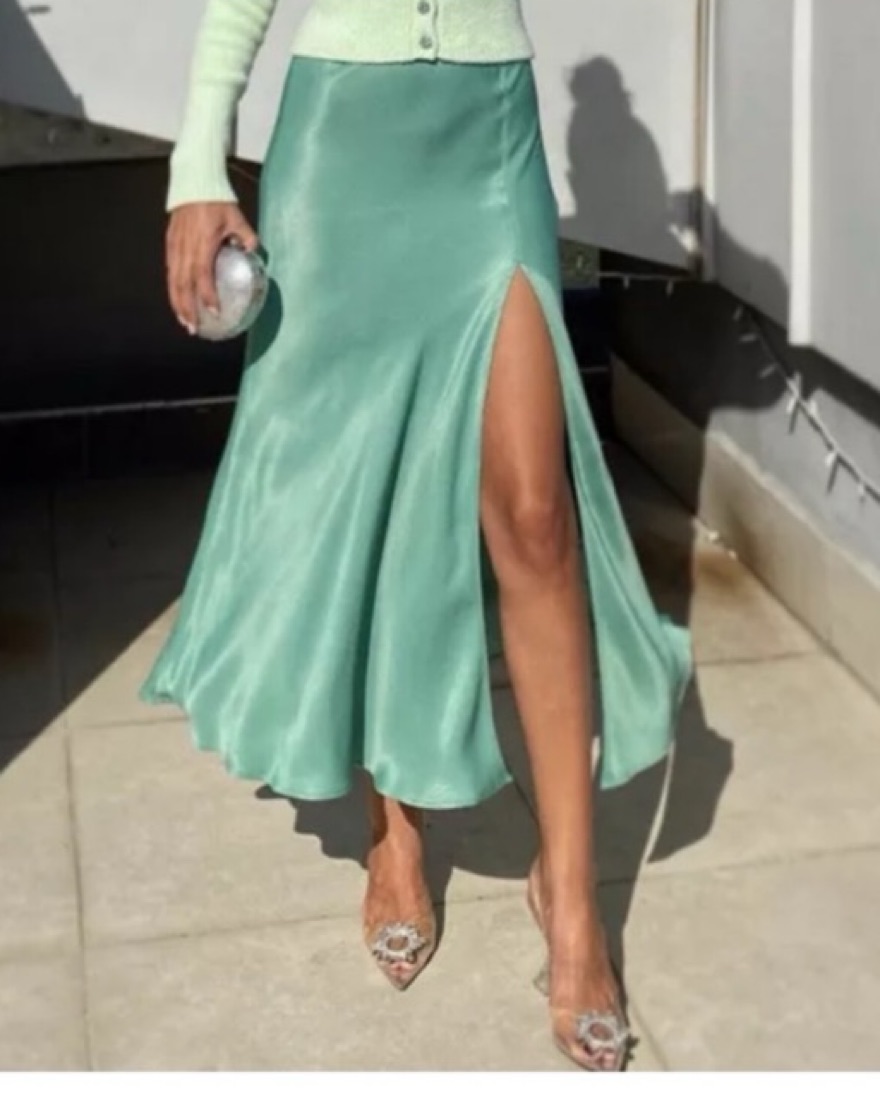 Zara Green Satin Maxi Skirt With Slit | Pickle