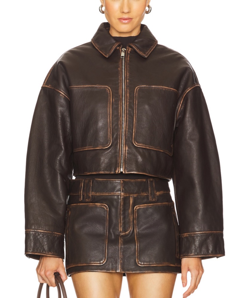 Cropped Leather Patch Pocket Jacket by GRLFRND - Pickle
