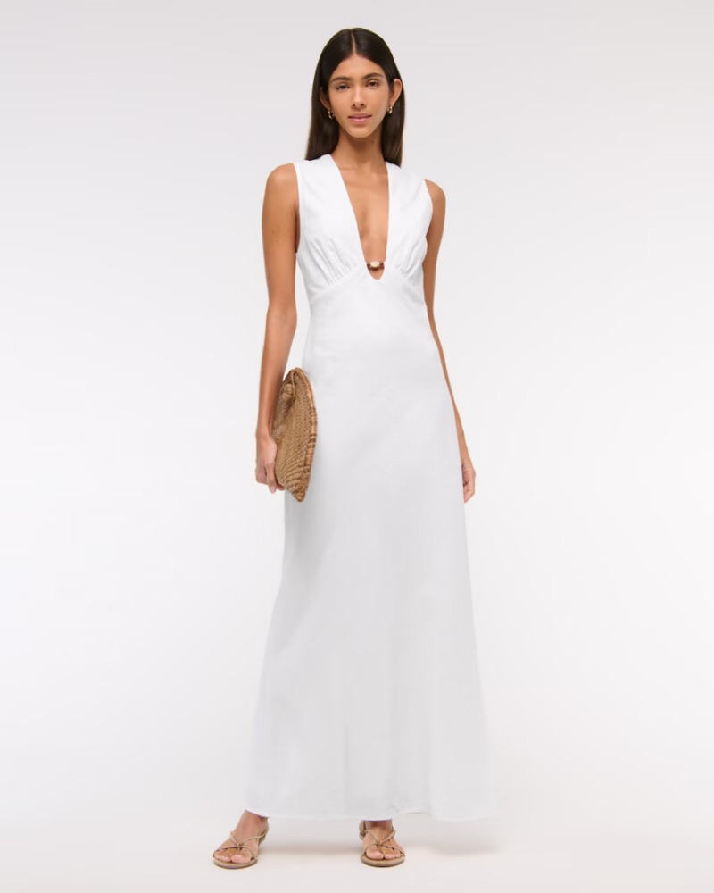 Beaded Plunge Linen Maxi Dress by Abercrombie and Fitch - Pickle