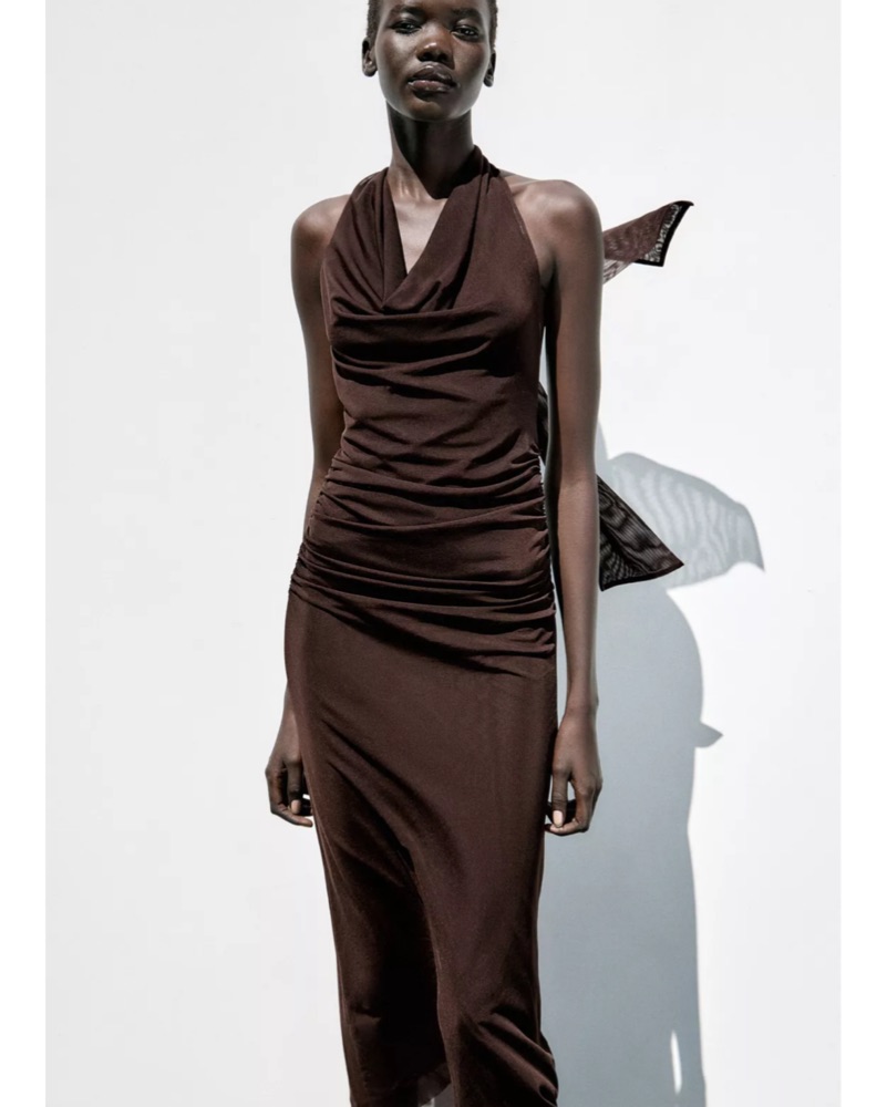 Brown Draped Halter Midi Dress Zara by Zara - Pickle