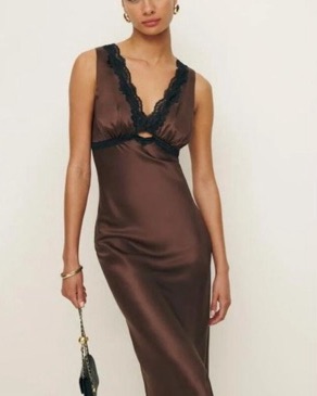 reformation aliceyn silk dress Reformation Aliceyn Silk Maxi Dress With Lace Detailing In Cafe - 50% Off