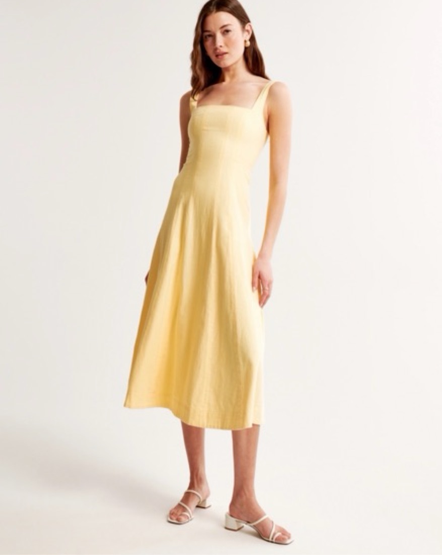 Seamed Linen Blend Midi Dress by Abercrombie and Fitch - Pickle