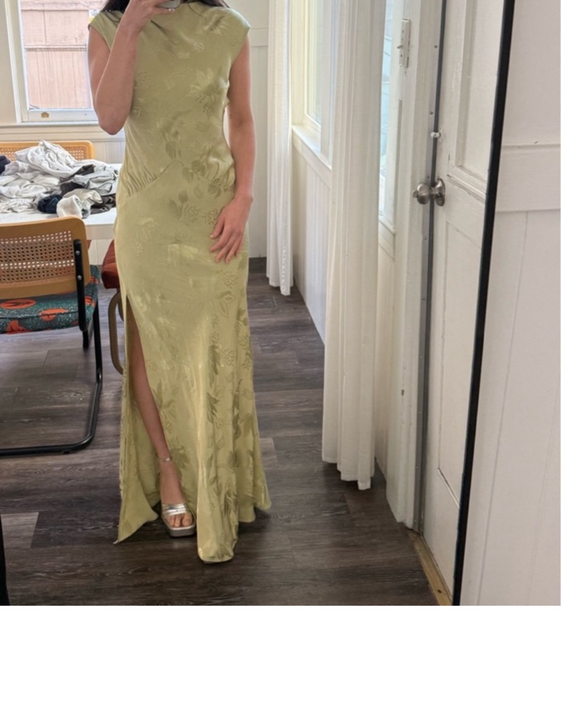 avalon maxi dress in sage green l'academie Dolce Life Backless Satin Maxi Dress Sage main image 0