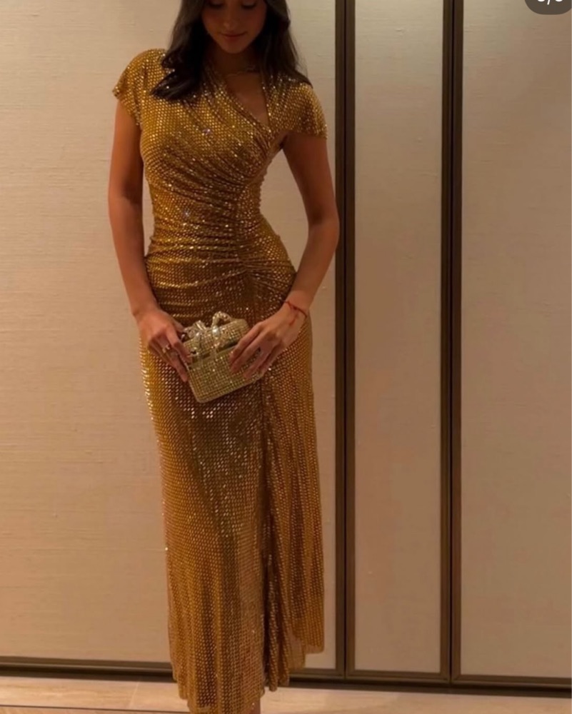 gold rhinestone dress Gold Rhinestone Mermaid See Through Prom Dresses With Beading, MP380 main image 1