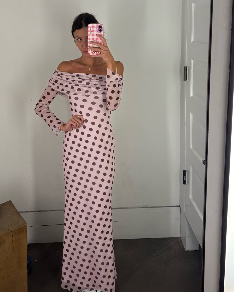 Pink Polka Dot Off-the-Shoulder Dress by AFRM - Pickle