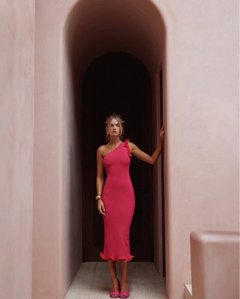 SAME Ruffle Hem One Shoulder Midi Dress by SAME - Pickle