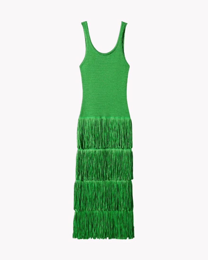 simorra green fringe dress Long fringed dress