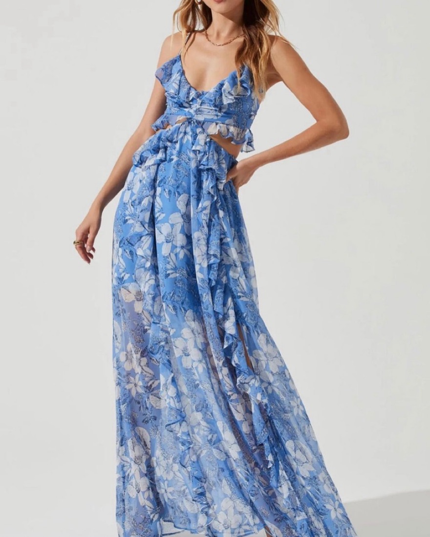 astr the label blue floral dress ASTR the Label | Off Shoulder Ruched Floral Maxi Dress in Blue Floral main image 1