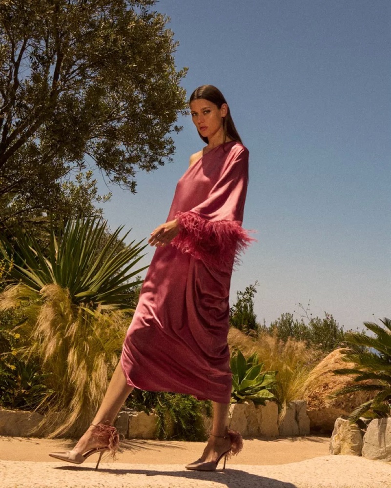 Zara Feather One Shoulder Satin Dress by Zara - Pickle
