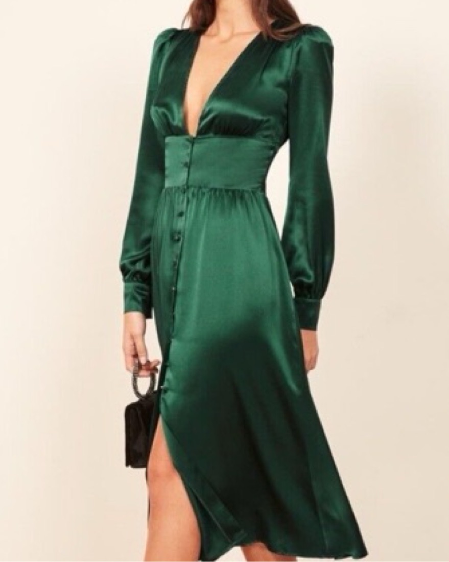 green silk midi dress with sleeves Pure Silk Midi Dresses Long Sleeve Button Down Silk Shirt Dress Green / S