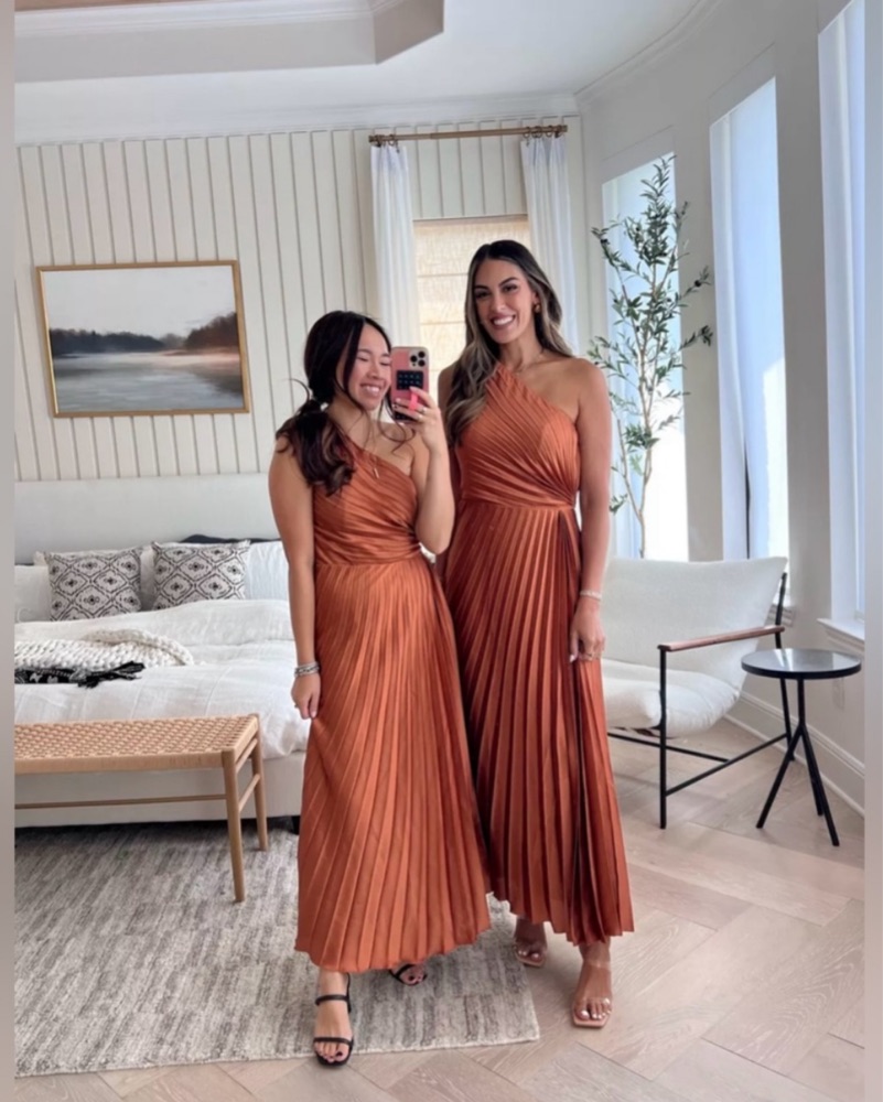 Orange One-shoulder Pleated Maxi Dress by Abercrombie and Fitch