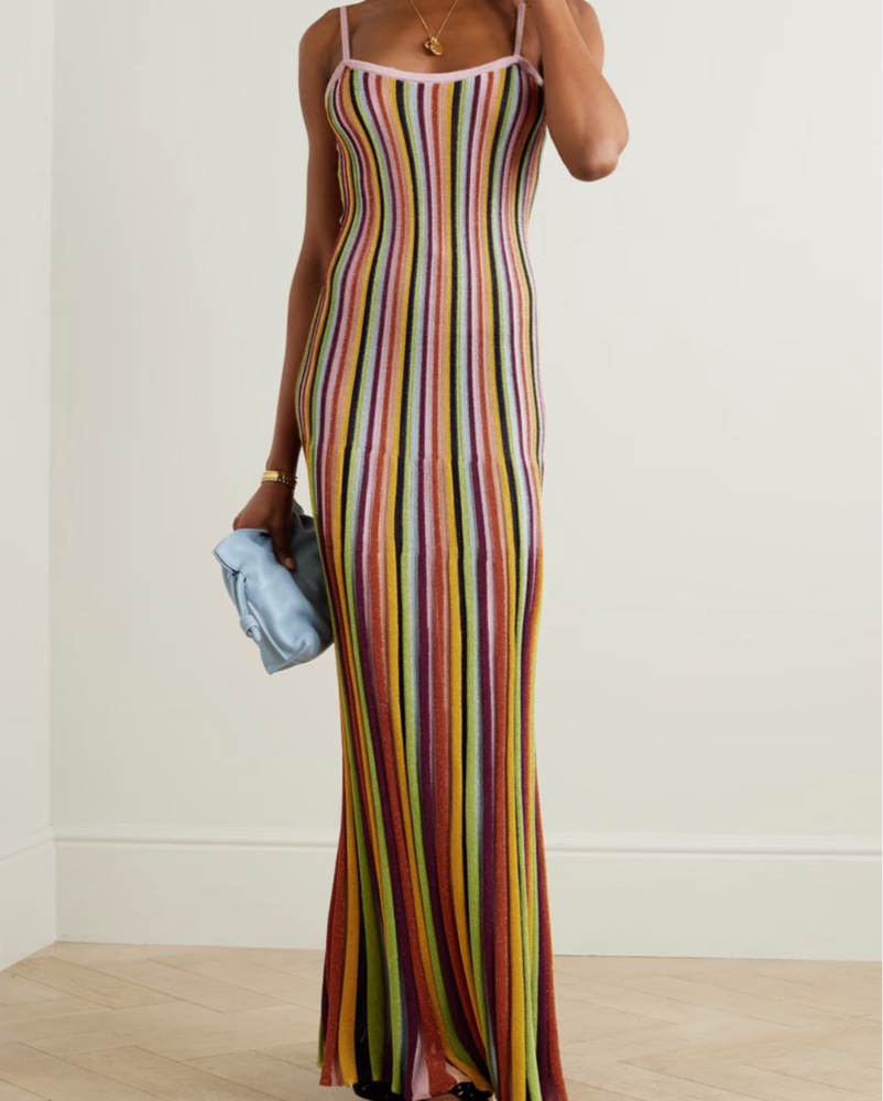 metallic pinstripe maxi dress GUESS Women's Beige Metallic Striped Faux Wrap Maxi Dress - 6