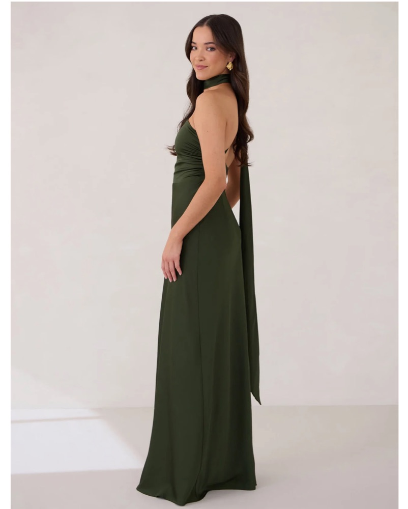 green dress neck scarf ZENDEYA Satin Draped Corset Midi Dress with Neck Scarf in Emerald Gree main image 0