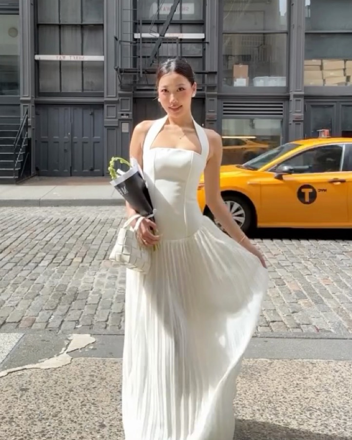 Elegant Pleated Halter Gown by Meshki - Pickle