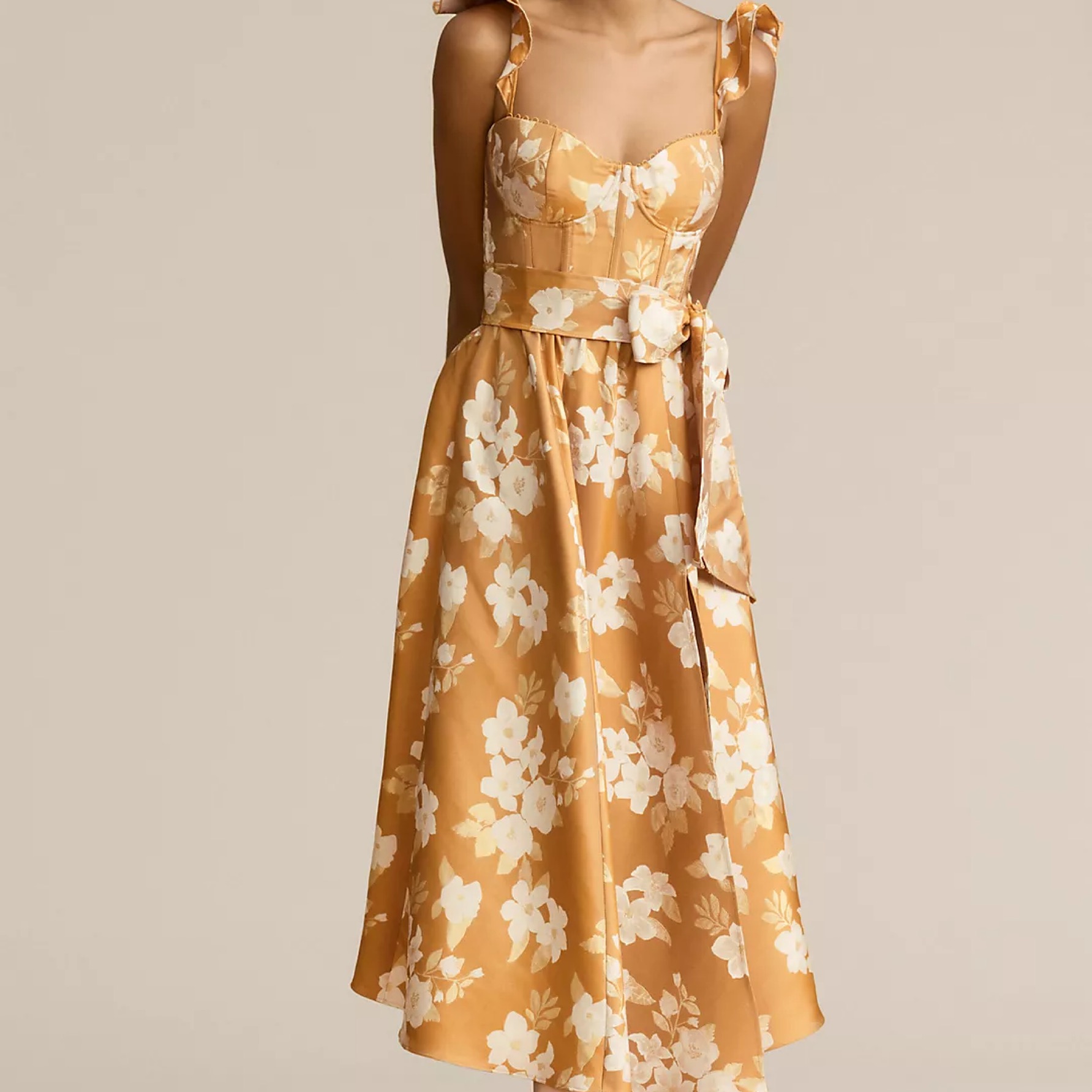 v chapman gold dress The Kimmy Dress in Gold Baroque Floral 12 / Gold Baroque Floral main image 1