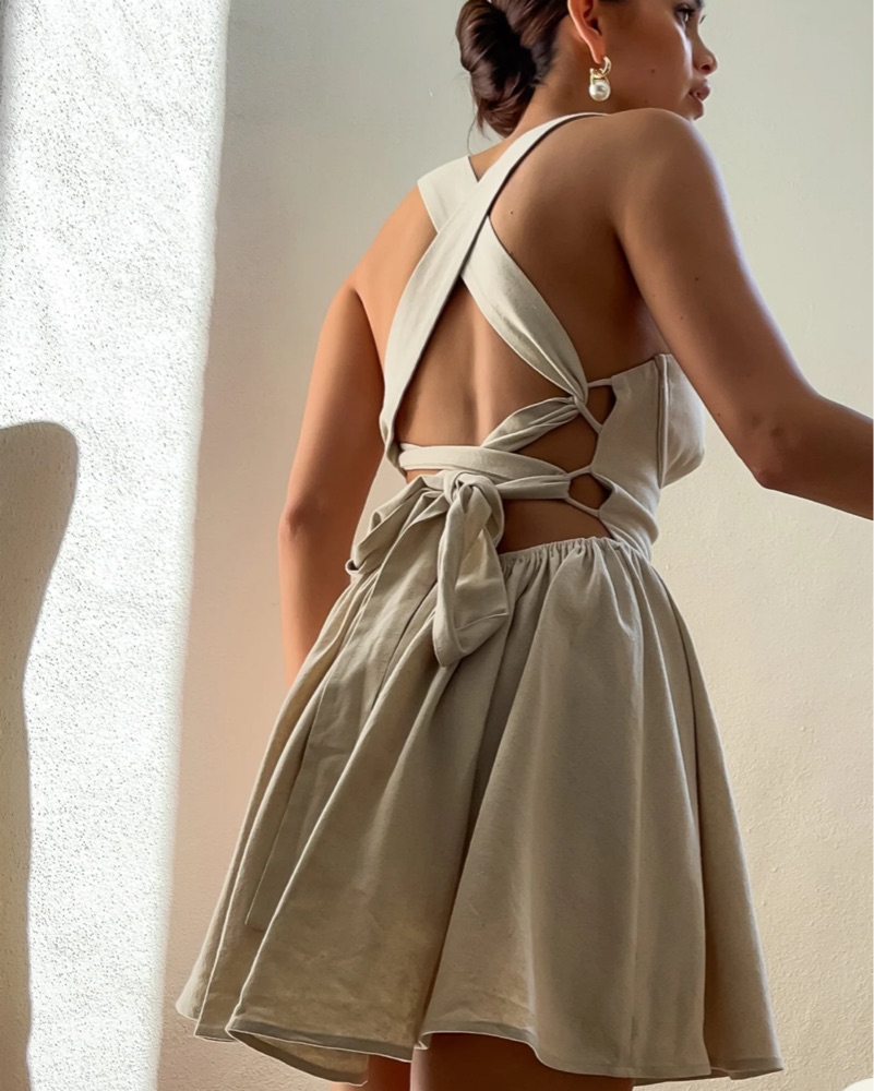Back Tie Natural Linen Mini Dress by Meshki - Pickle