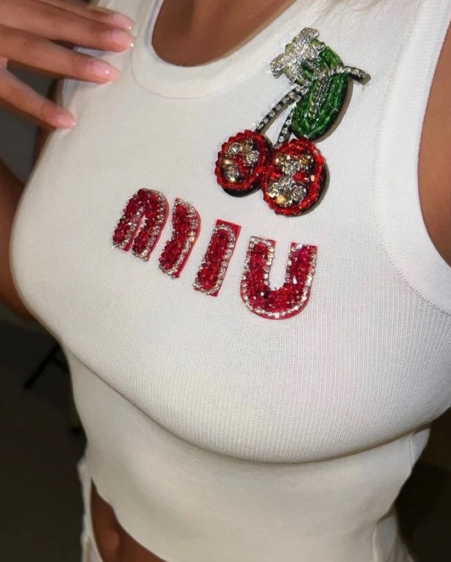 Miu Miu white cherry embroidered sleeveless crop top - E