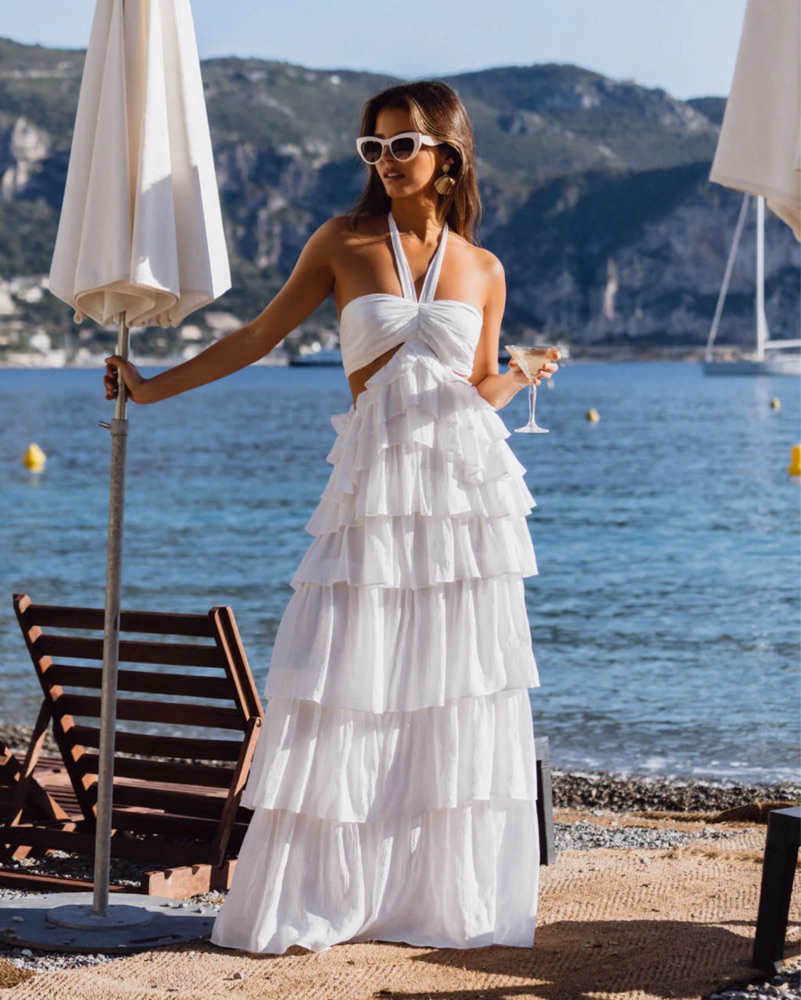 white ruffle beach dress Women's Swimwear Cover Up Swimsuit Ruffle Vacation Beach Wear Plain V Neck Long Sleeve Bathing Suits main image 1