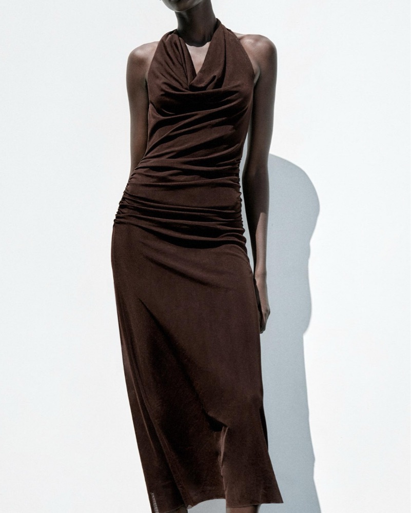champagne halter neck dress Fine Knit Gathered Halter Neck Maxi Dress main image 1