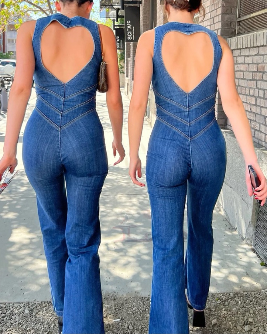 CLANE ★ BACK OPEN DENIM JUMP SUIT Denim Heart-Back Jumpsuit | Pickle