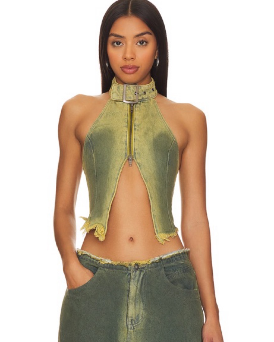 Green Denim Buckle Neck Top by Jaded London - Pickle