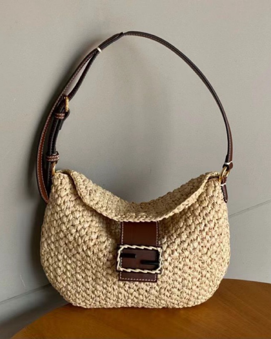 Fendi Beige Raffia Small Croissant Bag by Fendi - Pickle