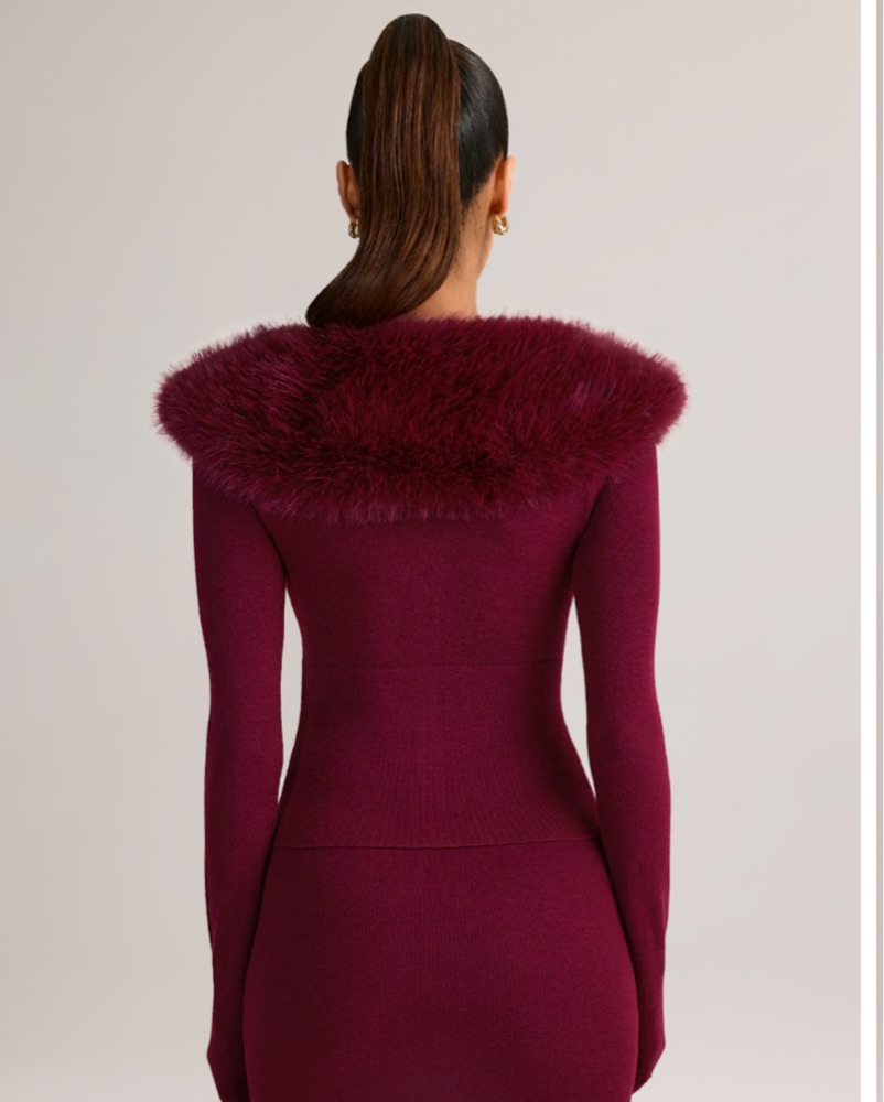 Knit Faux Fur Trim Cardigan In Wine by Oh Polly - Pickle