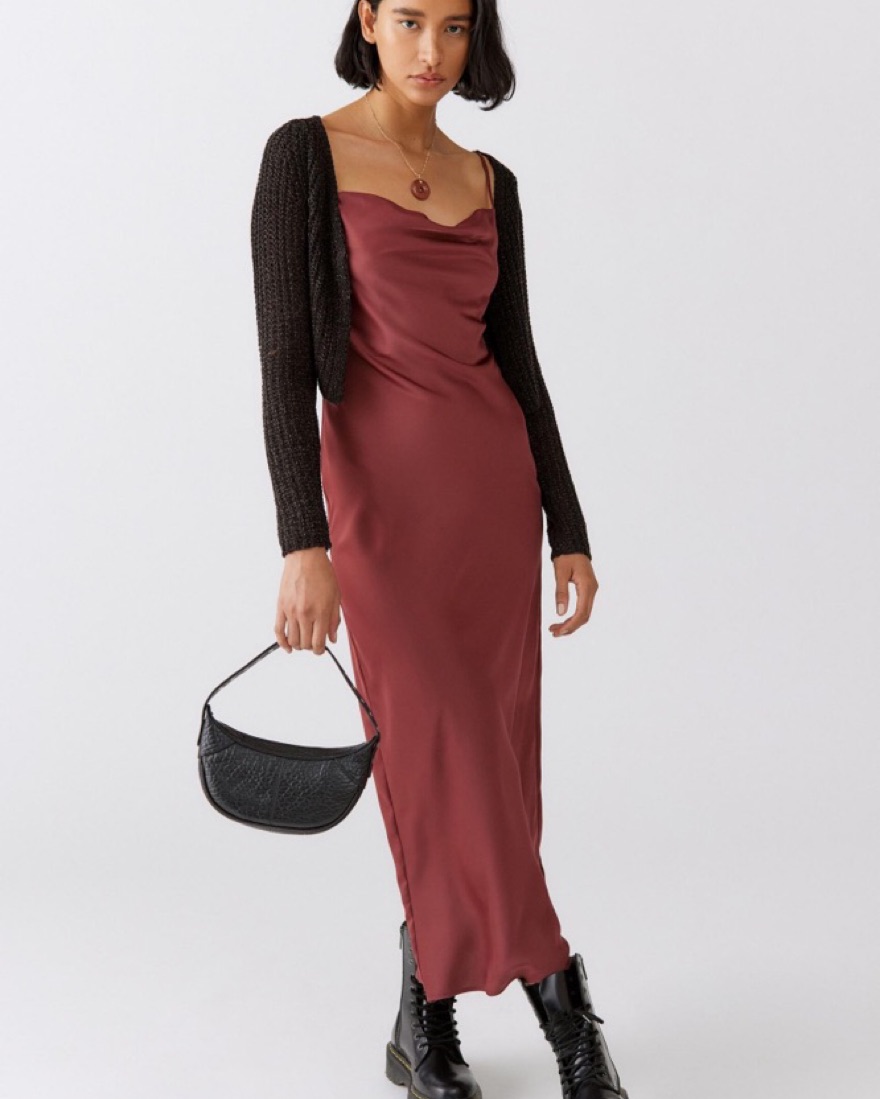 urban outfitters red silk dress UO Mallory Cowl Midi Dress