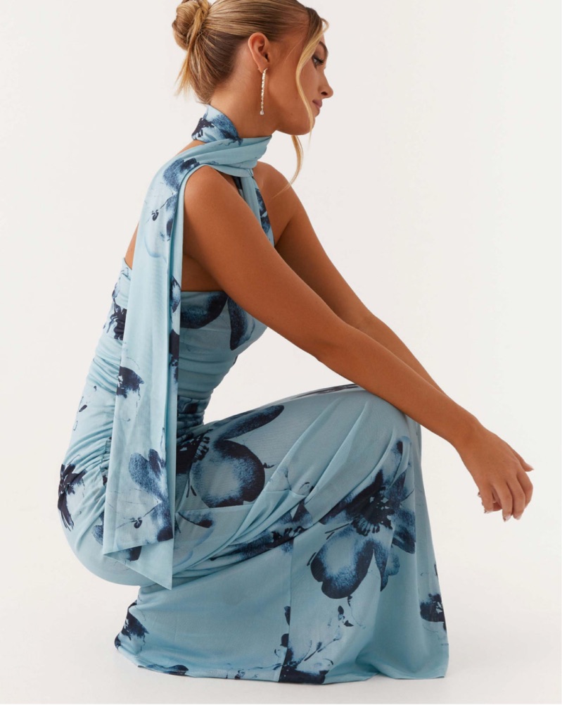 pink dress for women maxi Dainty pink A-line maxi dress with blue-flowered pattern, Glow-Up