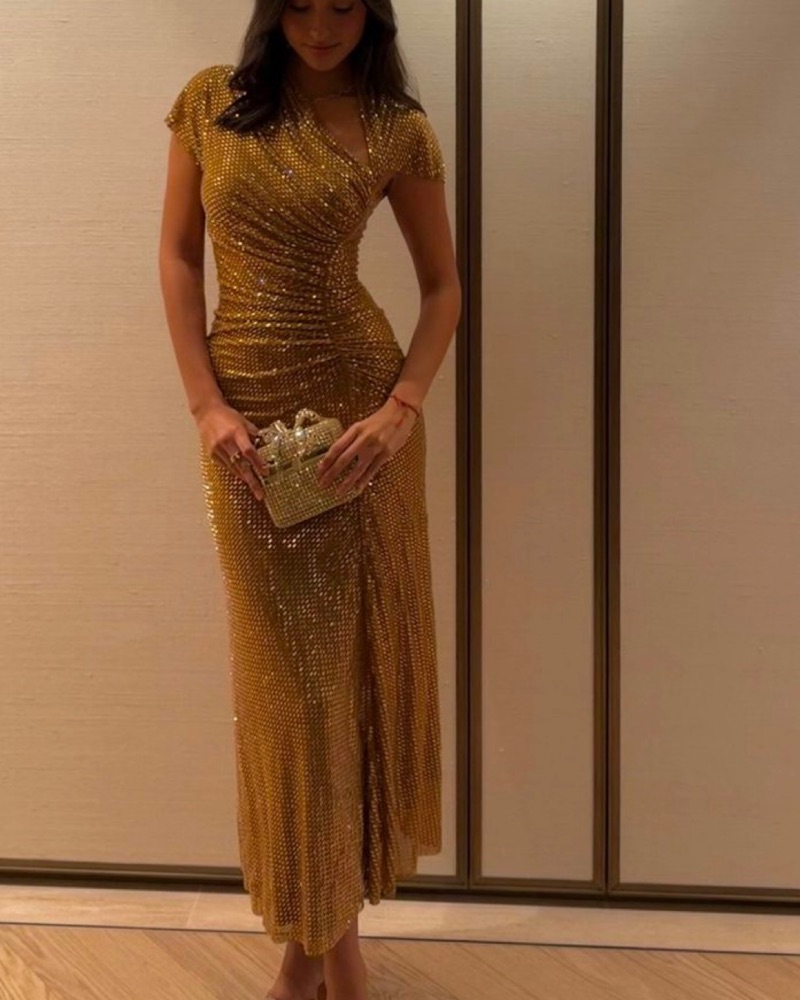 self portrait gold sequin dress Champagne Sequin Embroidered Maxi Dress