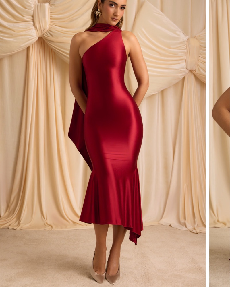 shaya asymmetrical dress Asymmetric Scarf-Detail Midaxi Dress in True Red - 2