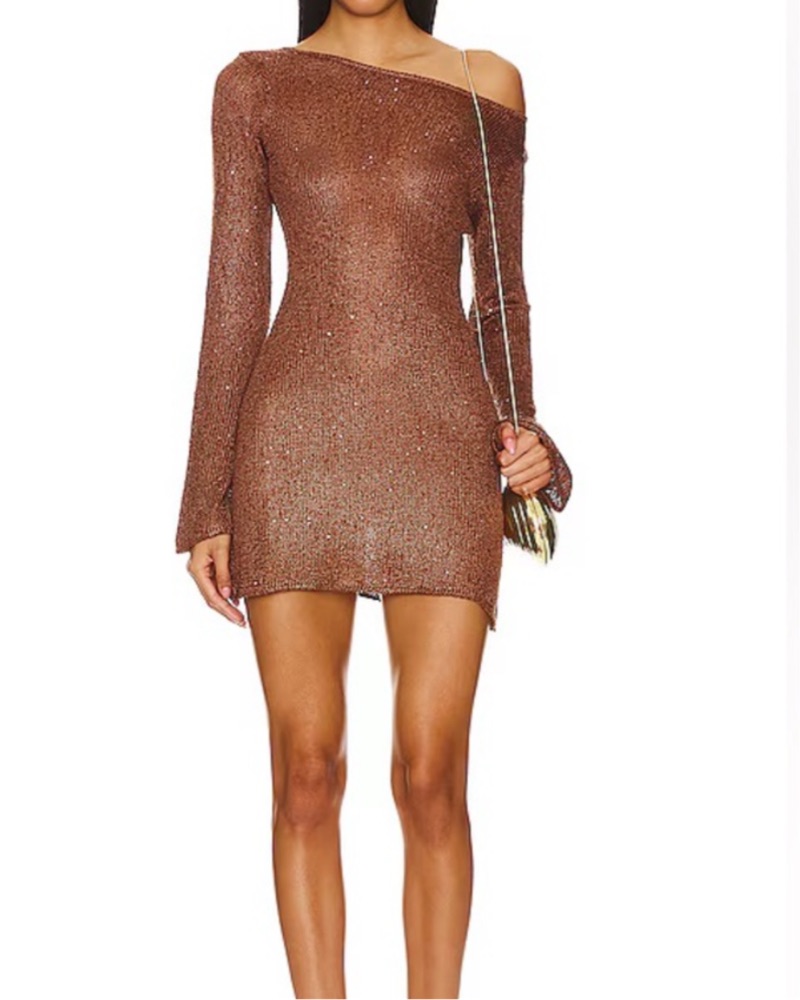 brown long sleeve short dress Sheer Embellished Long Sleeve A-Line Mini Dress in Deep Cocoa - 8 main image 1