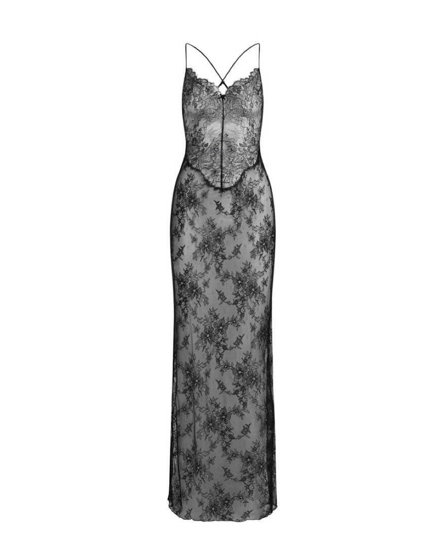 skins lace dress ULTRA FINE LACE STRAPLESS CORSET LONG DRESS | ONYX